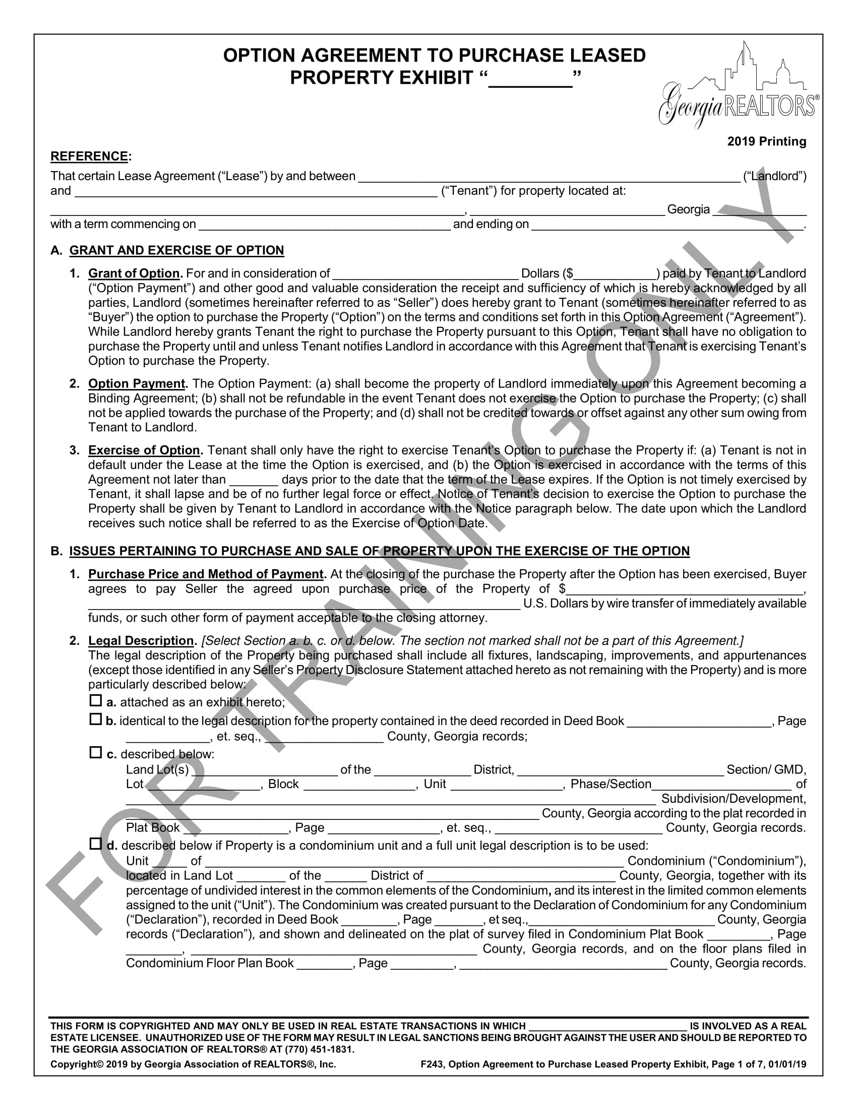 Option Agreement to Purchase Leased Property Exhibit.