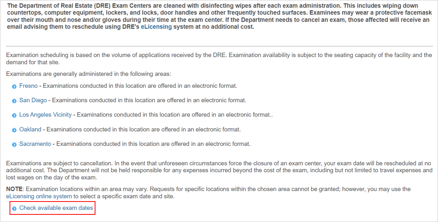 DRE website page with the Check available exam dates link highlighted.