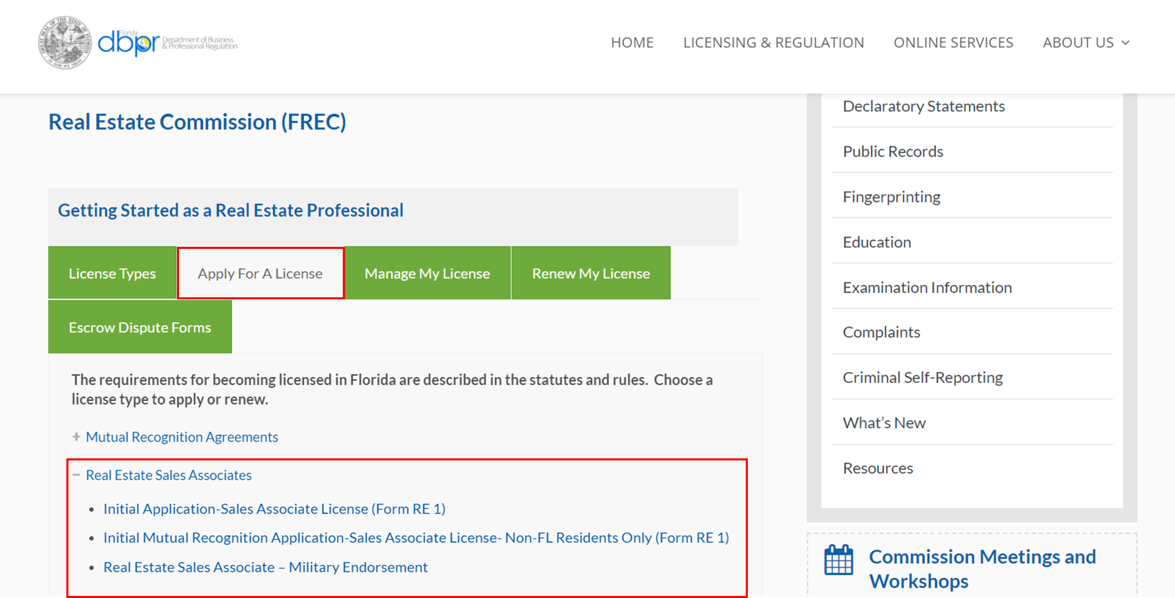  Information about getting started as a real estate professional in Florida, with the Apply for a License tab selected.