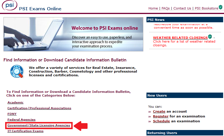 Selecting ‘government/state’ as the license agency on Michigan on the PSI website