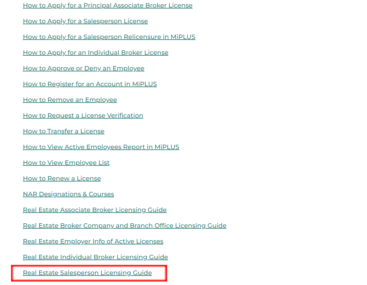 The ‘Real Estate Salesperson Licensing Guide’ on the Michigan Licensing and Regulatory Affairs website.