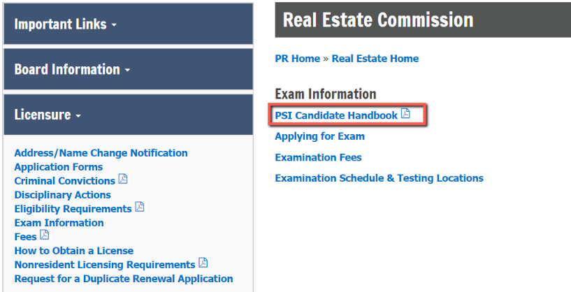 PSI page showing PSI Candidate Handbook tab.