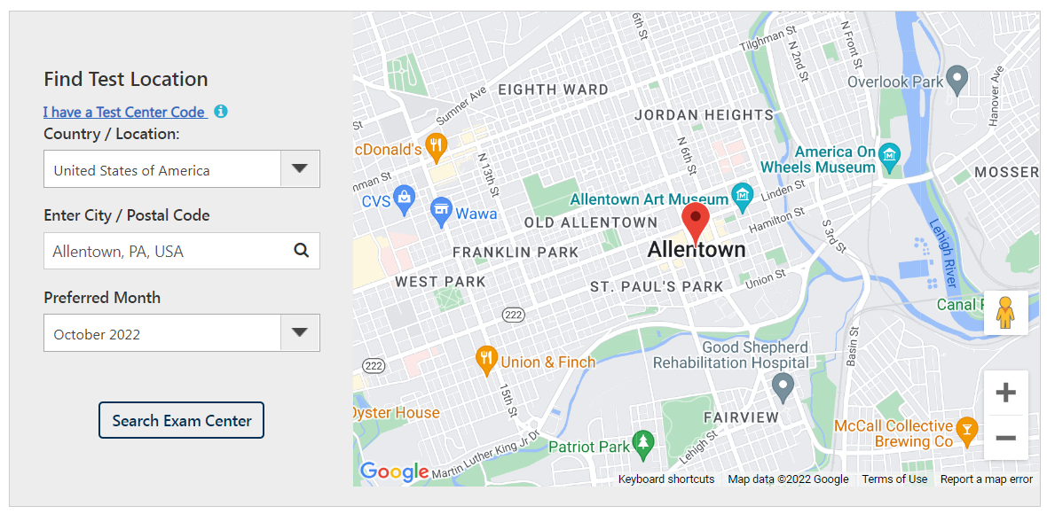Finding PSI testing center by entering the city or postal code from the dropdown.