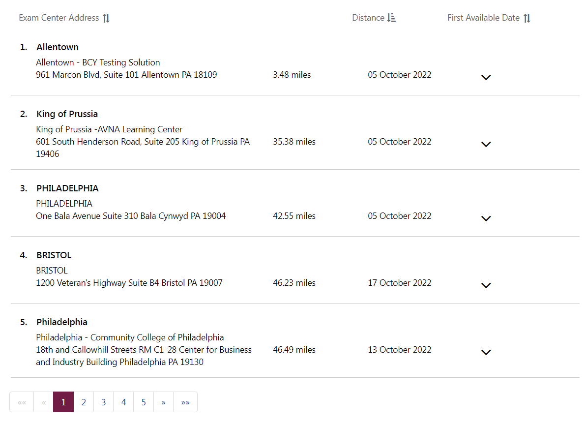 List of PSI testing centers in Pennsylvania and the first available State Exam date.
