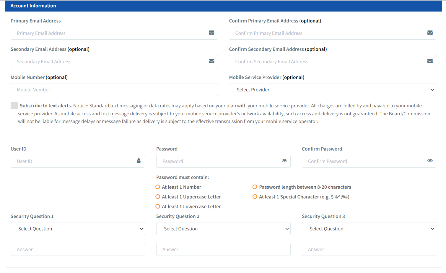 The PA Licensing System (PALS) Account Registration page.