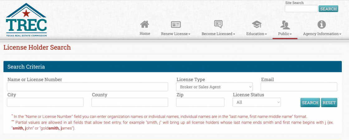 License holder search box with the Texas Real Estate Commission.