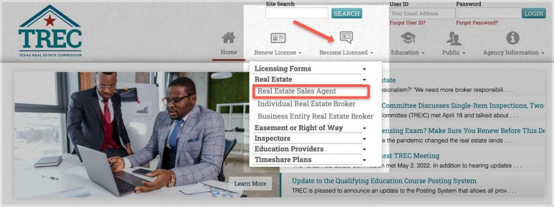 Texas Real Estate Commission Real Estate Sales Agent Sign Up.